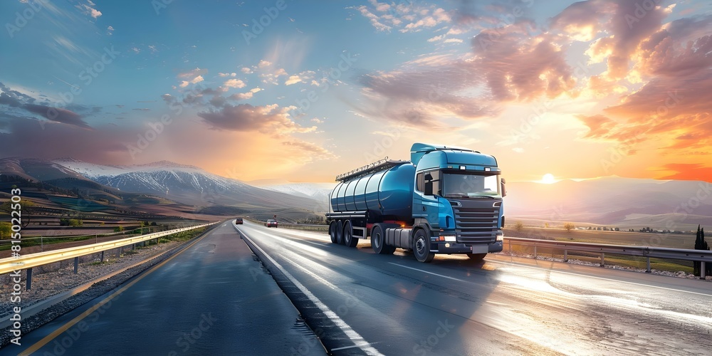 Compliance with ADR regulations by tanker truck transporting hazardous materials. Concept ADR Regulations, Tanker Trucks, Hazardous Materials, Compliance, Transportation