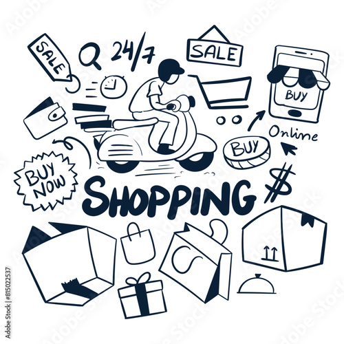 Shopping drawings vector. hand drawn shopping scribbles vector. online shopping vector doodles