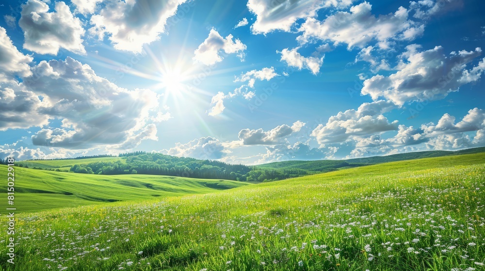 Beautiful summer landscape with green meadow and blue sky with clouds ...