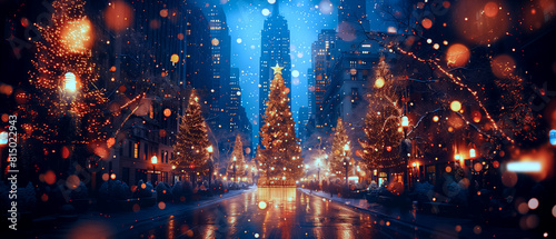 Street view towards the Christmas tree decorated in the city area. Lights decorated at night. Banner image. Christmas concept