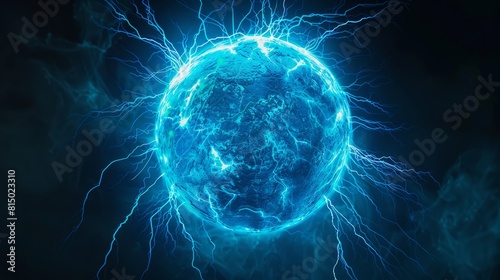 Blue electric sphere plasma ball lightning abstract background, with lightning in the dark. 3D rendering. hyper realistic 