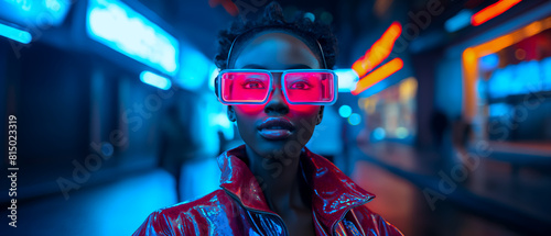 Front view of a black woman wearing vr glasses being in a virtual world. The lighting is cool-toned, with blue hues dominating the scene, futuristic style