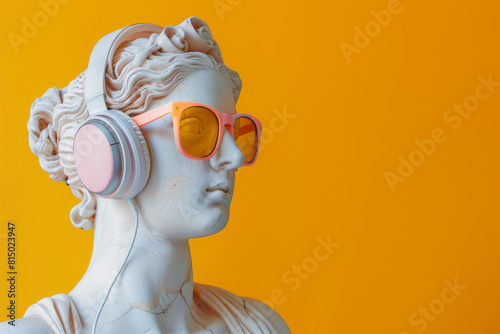 Classic greek statue dons vibrant, pink headphones and orange sunglasses against a striking, solid yellow background, infusing antiquity with modernity