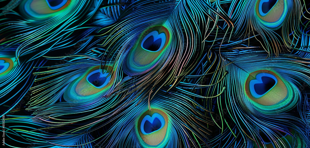 Obraz premium Pattern of fine lines evoking peacock feathers in vibrant blues and greens.