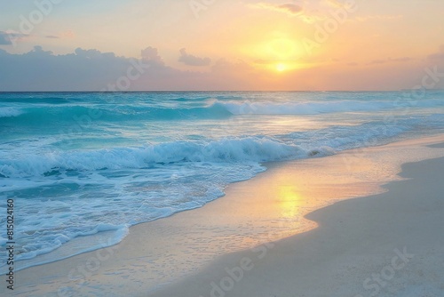 A beach with waves at sunset in cancun, high quality, high resolution