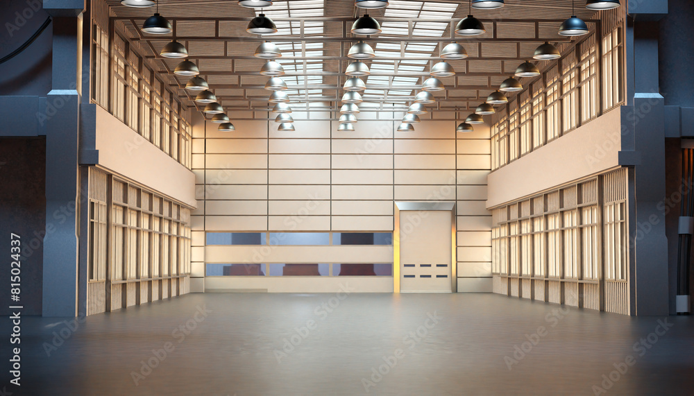 Modern spacious library interior with wooden shelves and large central space 3d image Modern spacious library interior with wooden shelves and large central space 3d image
