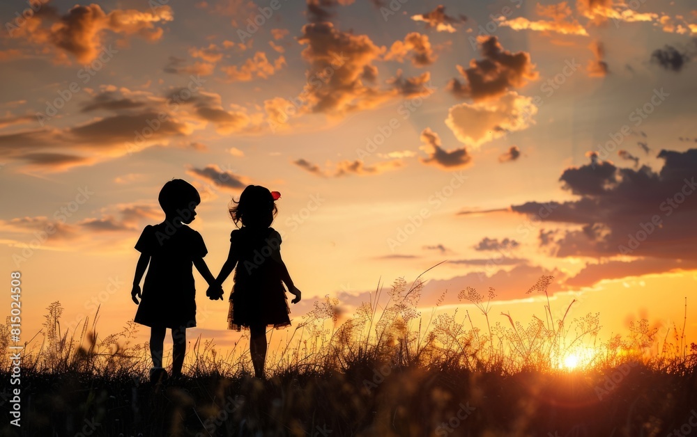 Silhouettes of children holding hands under a sunset sky.