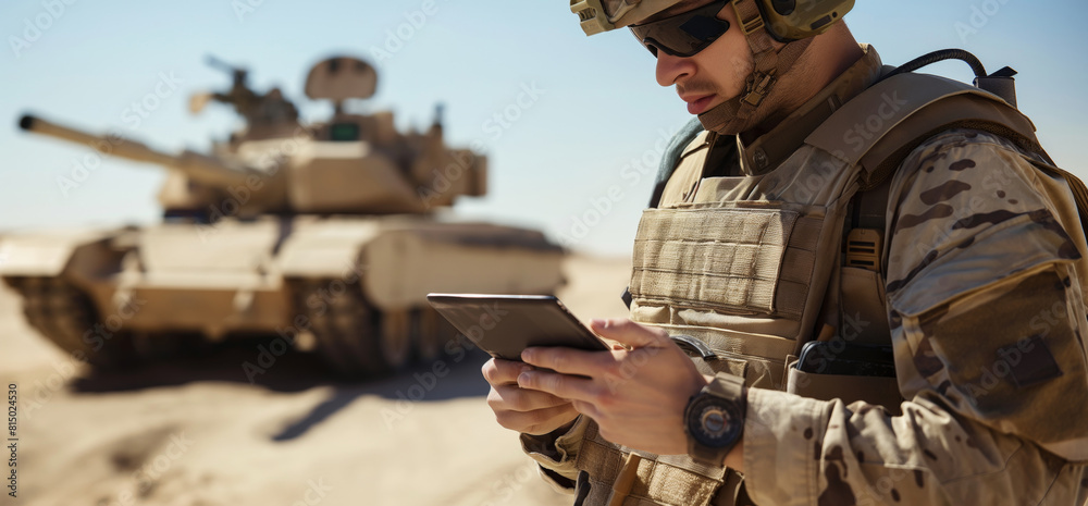 Fototapeta premium Focused soldier in camouflage attire uses a digital tablet with a combat tank in the background, showcasing modern warfare technology integration in a desert environment