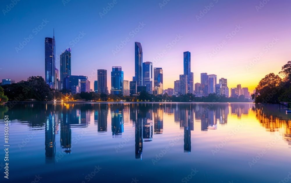 Skyline at dusk with mirror-like water reflections under a clear sky.
