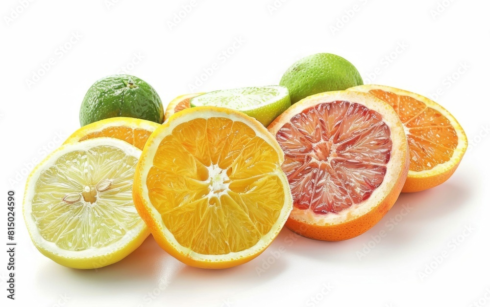 Sliced orange, grapefruit, lime, and lemon isolated on white background.