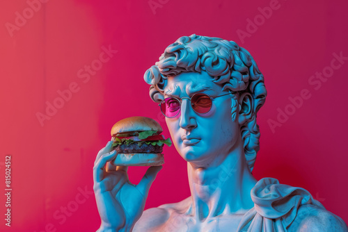 Classical greek David statue poses against a vibrant pink background, playfully holding a burger and sporting stylish pink sunglasses