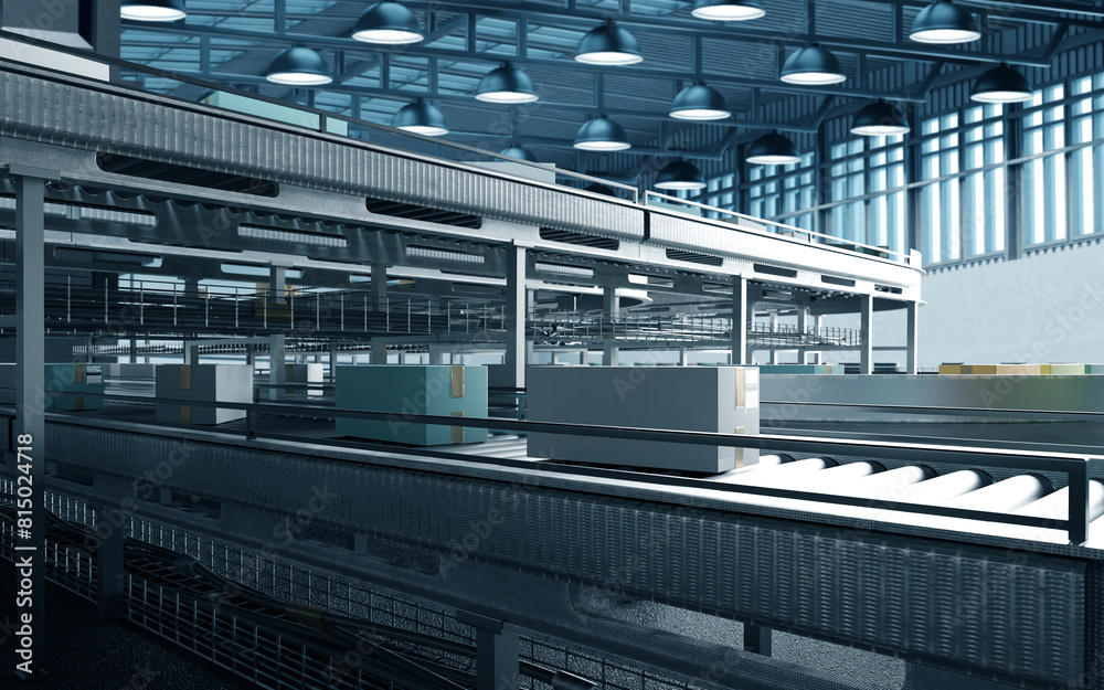 Fototapeta premium Image of a modern, automated factory interior with conveyors and packages 3d image