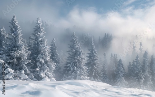 Snow-covered pine trees enveloped in misty white fog.