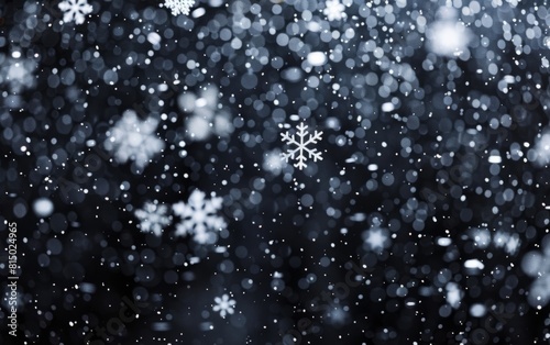 Snowflakes gently cascading down a black night sky.