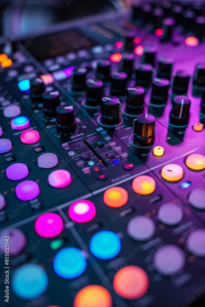 Vibrant illumination on audio equipment creating a dynamic ambiance for a lively dance environment Vibrant illumination on audio equipment creating a dynamic ambiance for a lively dance environment