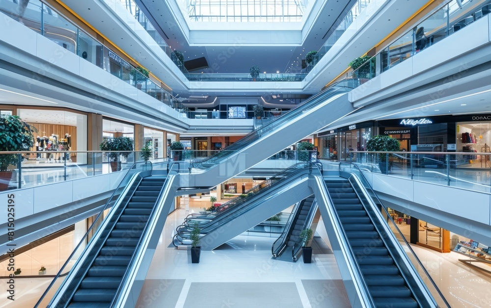 Spacious modern shopping mall interior with multiple floors and escalators.