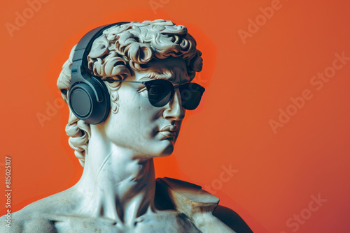 Classic greek David statue is revamped with contemporary flair, donning stylish headphones and sunglasses against a vibrant orange background