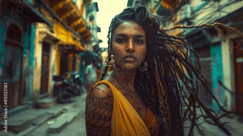 Cool Indian woman with flying braids on street hyper realistic 