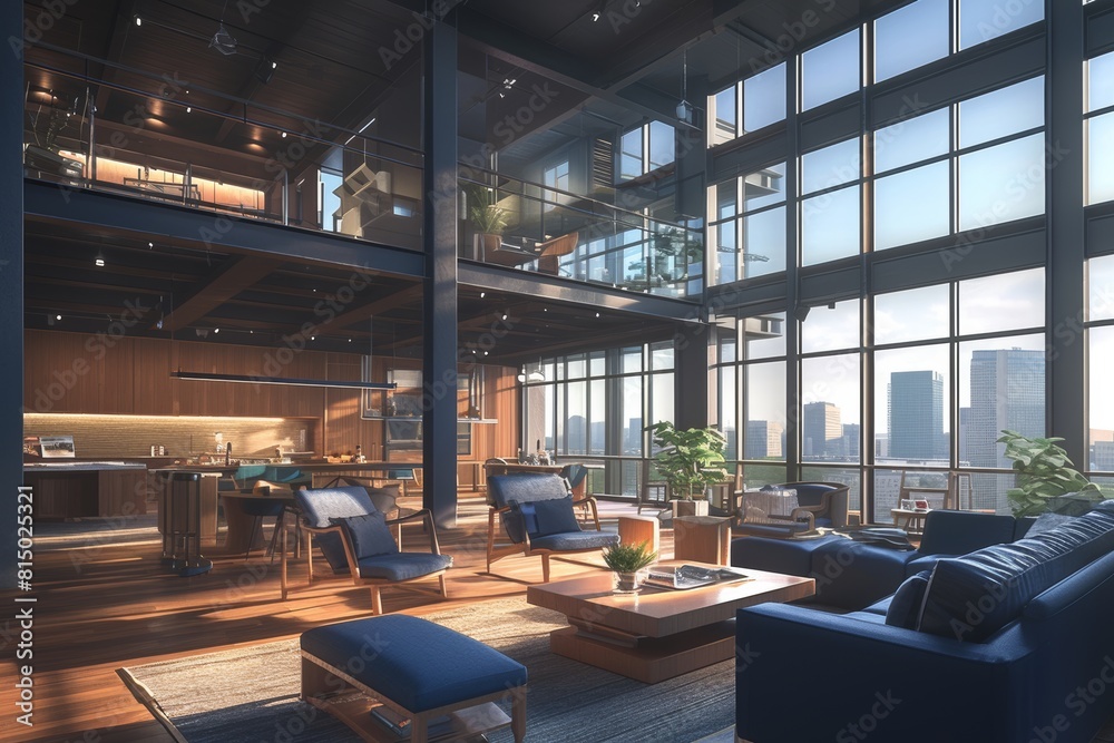 Panoramic View of Luxury High-Rise Interior Overlooking the City at Sunset