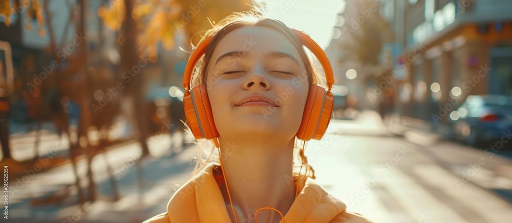 Closeup beautiful woman with headphones, closed eyes and smiling in the city street blur background.