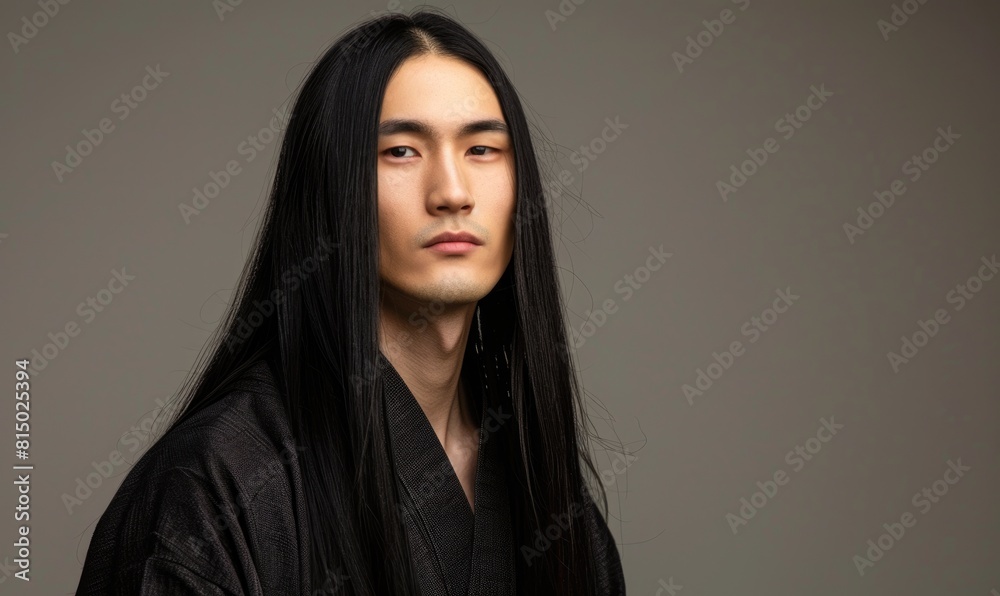 Portrait of young Asian man with dark long hair in traditional clothes looking at camera