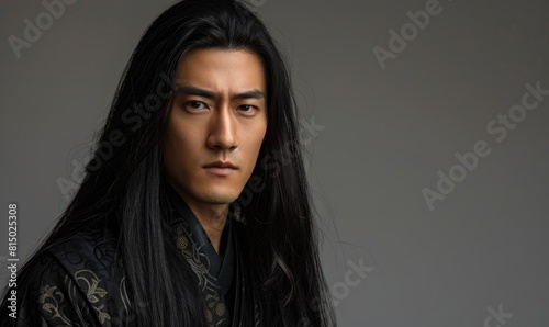 Portrait of young Asian man with dark long hair in traditional clothes looking at camera