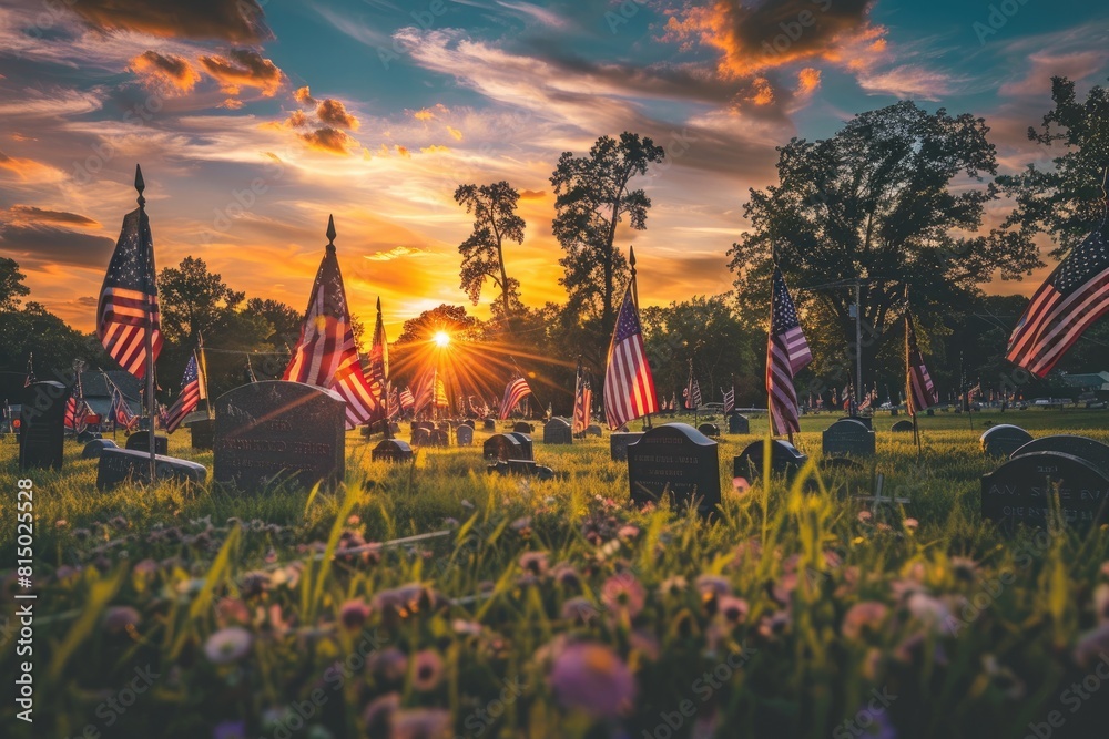 Obraz premium A field of American flags adorning the cemetery at sunset, symbolizing national remembrance. 
