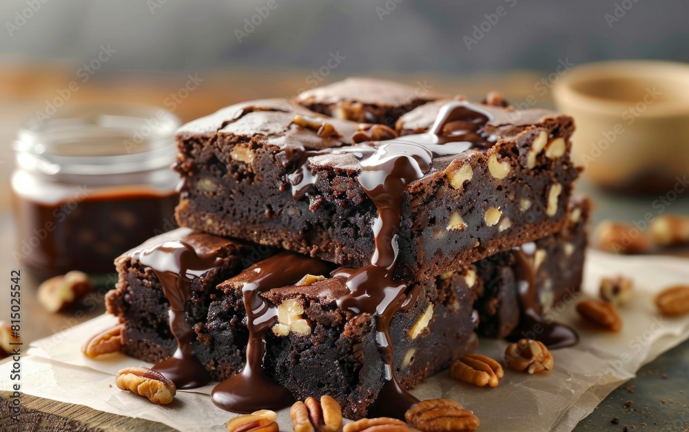 Stack of fudgy brownies with nuts, drizzled in rich chocolate sauce.