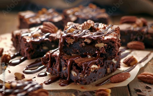 Stack of fudgy brownies with nuts  drizzled in rich chocolate sauce.