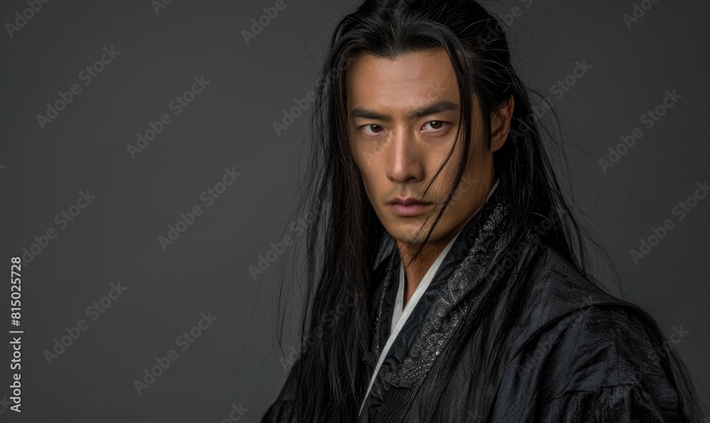 Portrait of young Asian man with dark long hair in traditional clothes looking at camera Portrait of young Asian man with dark long hair in traditional clothes looking at camera
