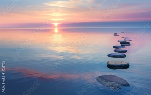 Stepping stones trail across serene water under a pastel sunset.