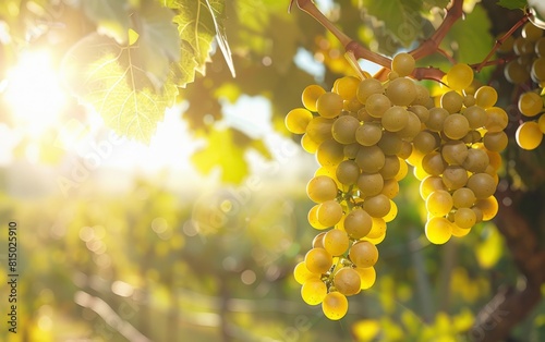 Sunlit grapevine heavy with ripe clusters in a vineyard.