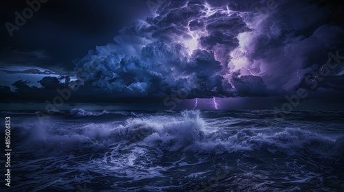Intense lightning storm illuminates raging ocean waves at night 