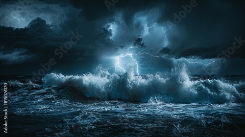Lightning strikes over a stormy ocean with crashing waves.