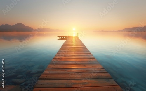 Sunrise over a tranquil lake  wooden pier stretching into glowing horizon.