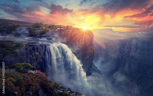 Sunset over a cascading waterfall flanked by rugged cliffs.