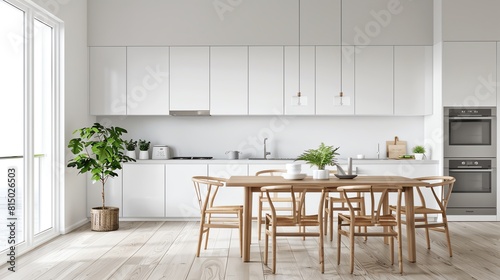 A bright Scandinavian kitchen with sleek white cabinetry  a wooden dining set  and modern stainless steel appliances