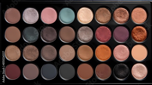 **A palette of eyeshadows with a mix of matte and shimmer shades