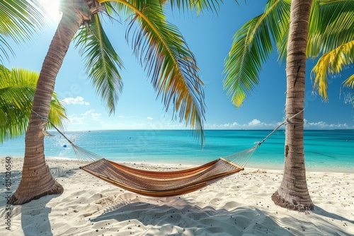 Relaxing hammock strung between two palm trees on a pristine white sand beach with turquoise water and a bright blue sky. photo