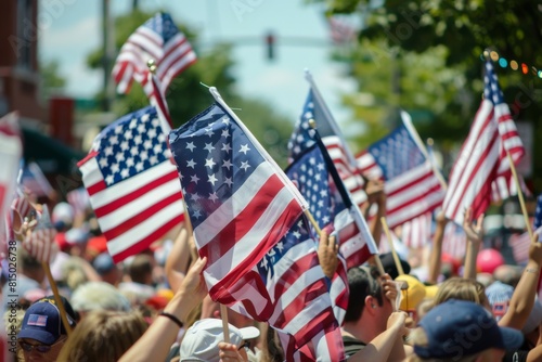 A vibrant Fourth of July parade with enthusiastic crowds waving American flags in celebration of the nation s independence.