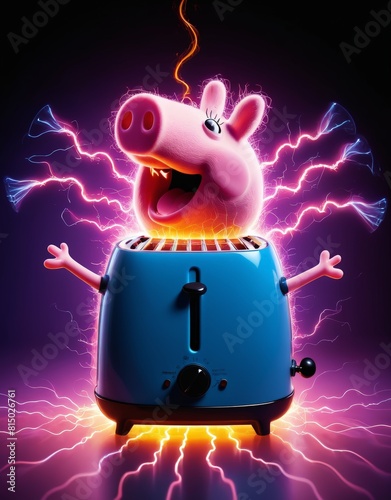 scientific photograph of plasma electric neon in the shape of a screaming peppa pig holding a toaster and being electrocuted photo