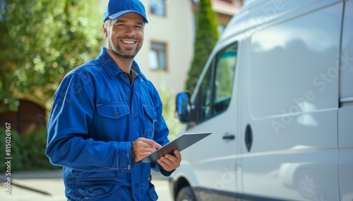 Smiling Delivery Driver with Digital Tablet.