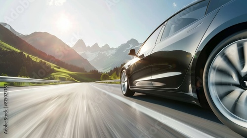 Electric car driving on a highway in the summer, mountains in the background hyper realistic  © Johannes