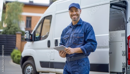 Smiling Delivery Driver with Digital Tablet. © MOMO