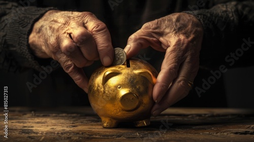 Elderly Hands with Golden Piggybank photo