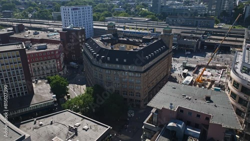 Aerial drone view of a historic Building in Willy Brandt Platz in Essen, Germany.  photo