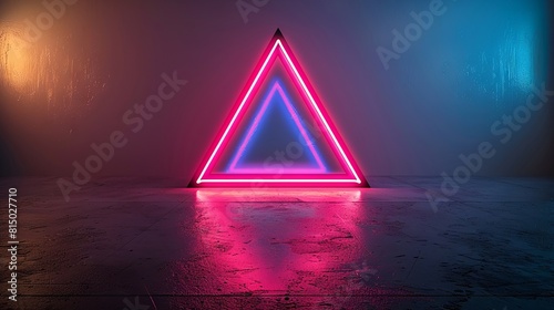 Minimalist neon triangle with pink and blue gradients in a dark room.