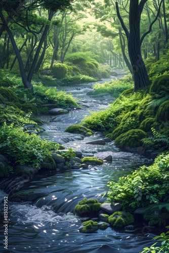 A mossy forest stream with sunlight filtering through the dense green foliage.