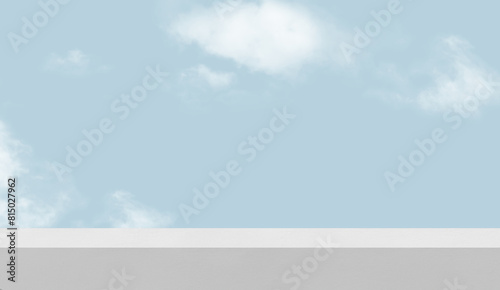 Sky Blue,Cloud with White Cement Wall Corner Design Background.Exterior building structure grey wall against clear sky,Backdrop Grey Concrete texture mock up for product present