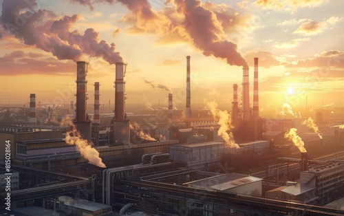 Vast industrial complex with towering chimneys amid a sunset.